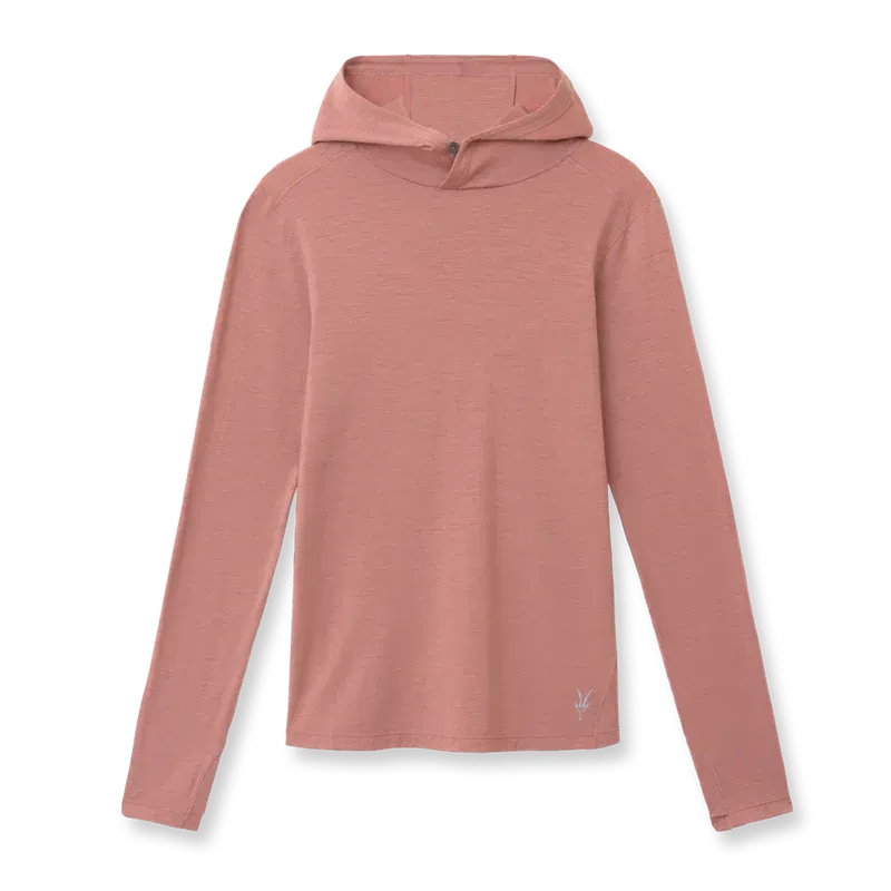  Flat lay of the Ibex Springbok Hoodie in Rouge color, showing long sleeves, simple hood design, and lightweight wool fabric.