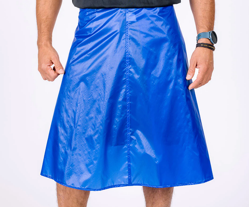 Blue LightHeart Gear ultralight rain wrap skirt worn by a man, shown from the waist down.