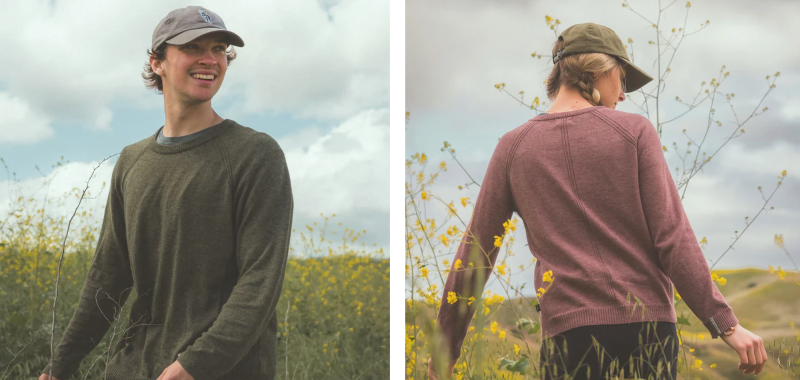 Man and woman wearing PAKA Ultralight COOLPLUS® Crews in the outdoors surrounded by wildflowers