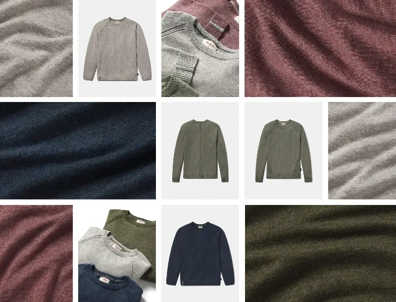  Flat lay and close-up collage of PAKA Ultralight COOLPLUS® Crews in various colors including green, maroon, navy, and grey