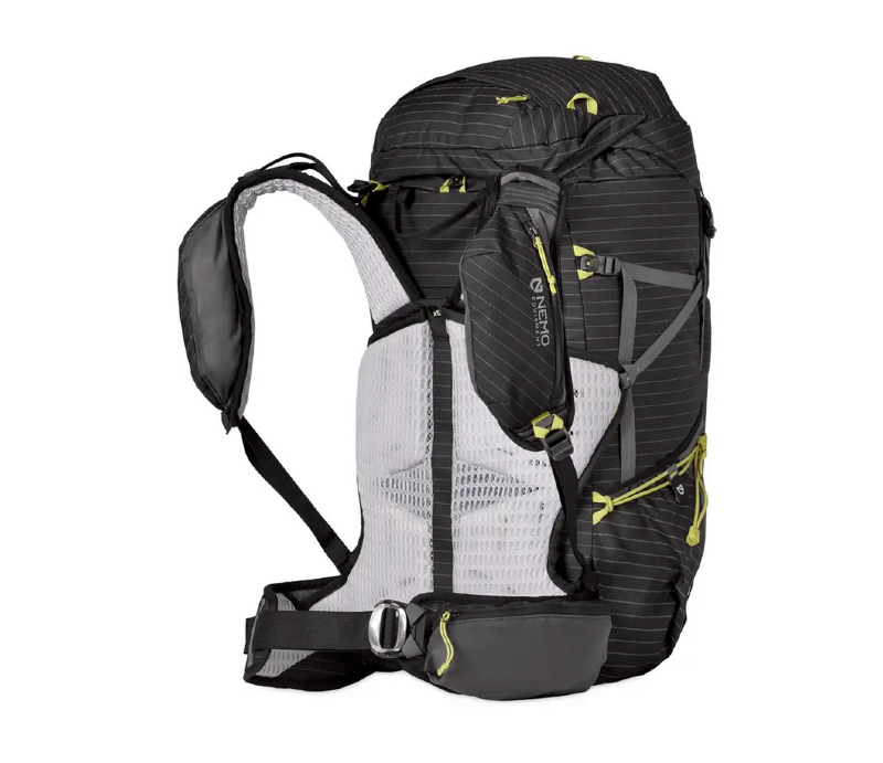 Studio image of the NEMO Persist 45L Backpack showing front mesh panel, padded shoulder straps, hip belt pockets, and streamlined design.