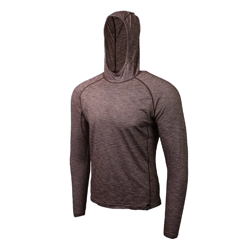 Product photo of the Tern Hoodie from Outdoor Vitals in its signature striped merino blend, with a fitted scuba-style hood.