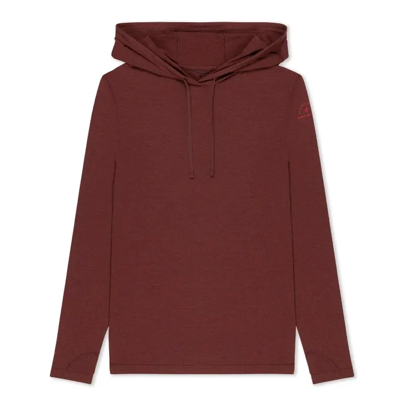 Flat lay of the Ridge Merino Solstice Hoodie in burgundy, featuring a simple design with subtle logo and drawstring hood.