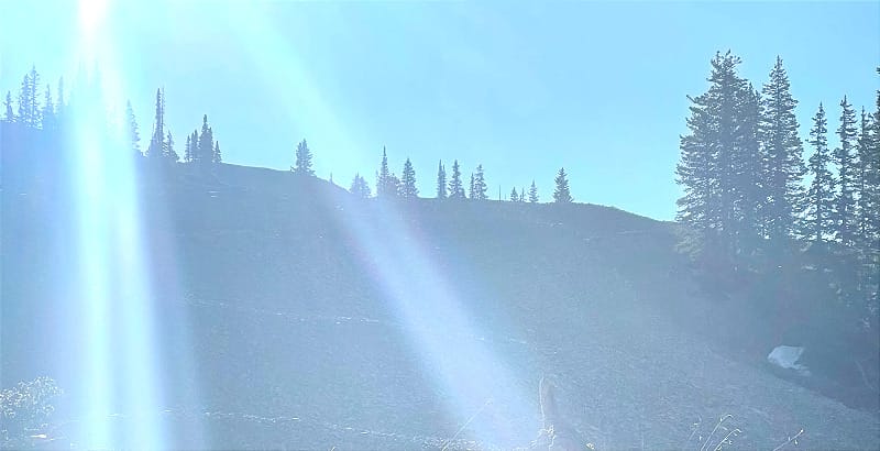 Sun rays shining dramatically onto a rocky hillside with scattered alpine vegetation and silhouetted trees above.