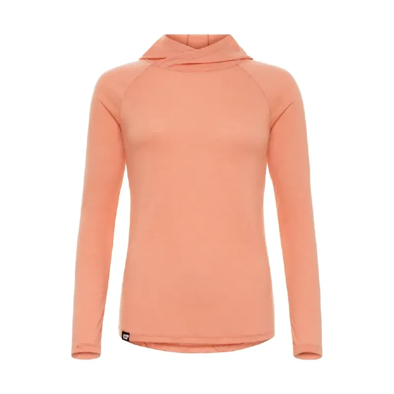Flat lay of the Wuru Hoodie in a peach tone, highlighting the crossover neckline and slim, breathable design.