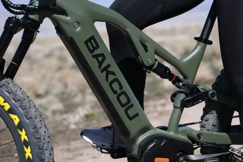 Detail shot of Bakcou full-suspension frame with mid-drive Bafang motor system