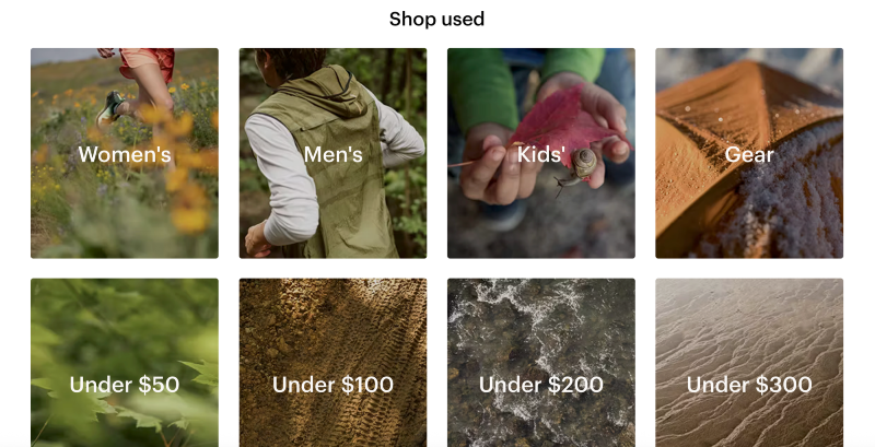  Grid layout showing used outdoor gear categories from REI including women’s, men’s, kids’, and price filters.