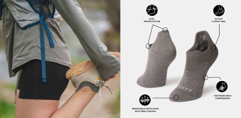  PAKA Trail Ankle Socks displayed in a natural setting, highlighting the blend of alpaca fiber, recycled nylon, and bamboo for lightweight durability.
