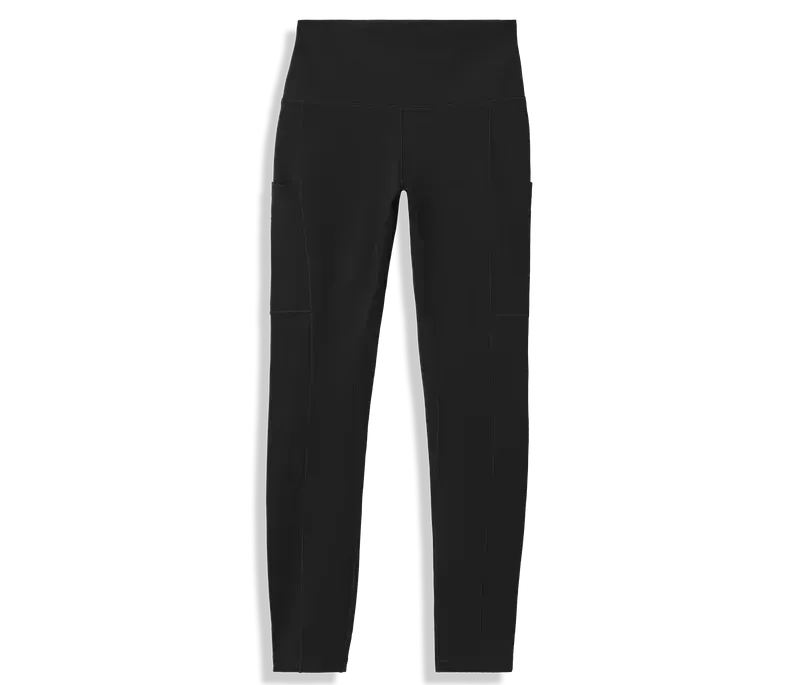  Flat lay of black Ibex Enduro Tights on white background showing full length and dual pockets.