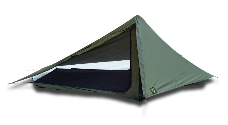 Side view of the Skyscape Trekker by Six Moon Designs, featuring mesh inner walls and dual vestibule doors.