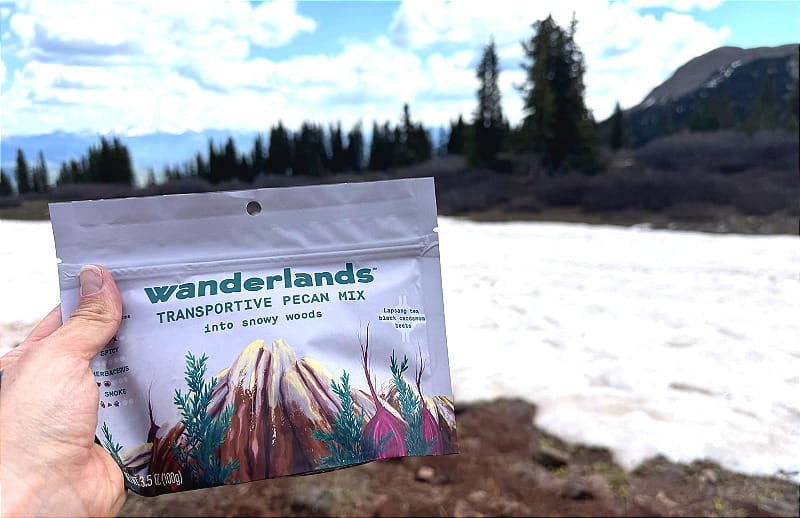  Hand holding a Wanderlands Transporative Pecan Mix “Into Snowy Woods” flavor in front of a snowfield with pine trees and cloudy mountain views.