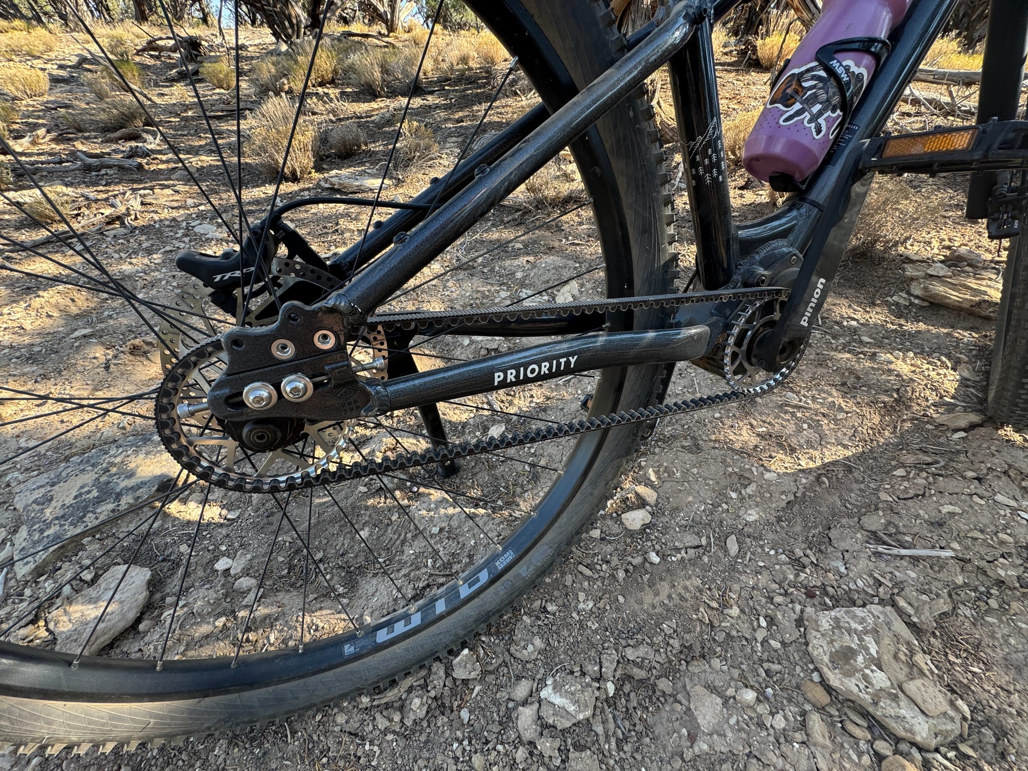  Close-up of the Priority 600ADX rear wheel and drivetrain, featuring a Gates Carbon Belt Drive and internal Pinion gearbox on rocky desert terrain.