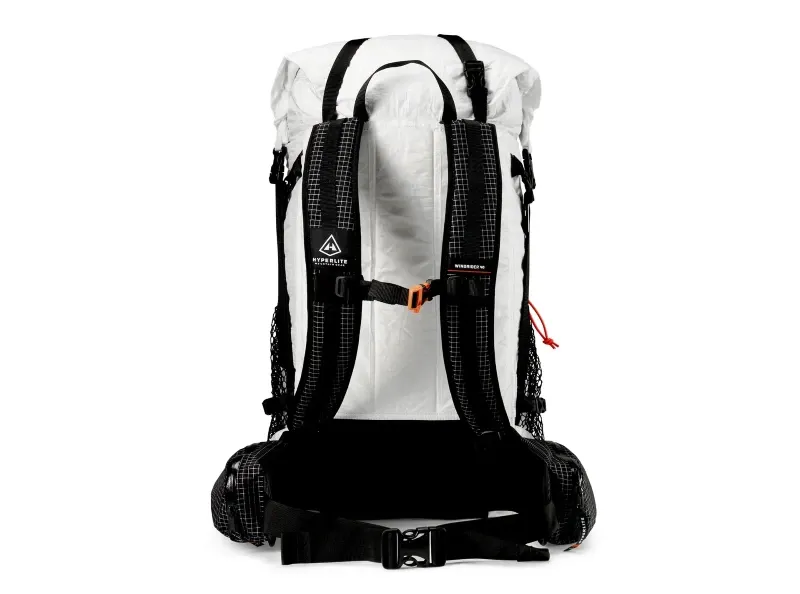 Rear view of Hyperlite Windrider 40 backpack showing new shoulder straps and padded hip belt system.