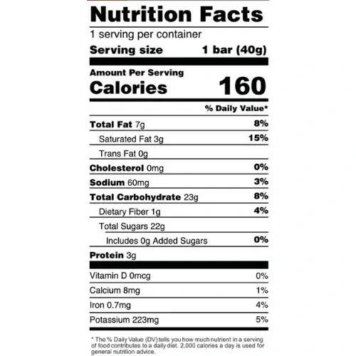 Nutrition facts label for a Lecka Energy Bar showing 160 calories, 3g protein, 22g sugar from natural sources, and 530mg of electrolytes.