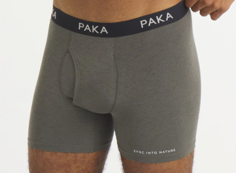 PAKA Essential Boxer Briefs in gray, shown worn to display fit and waistband detail