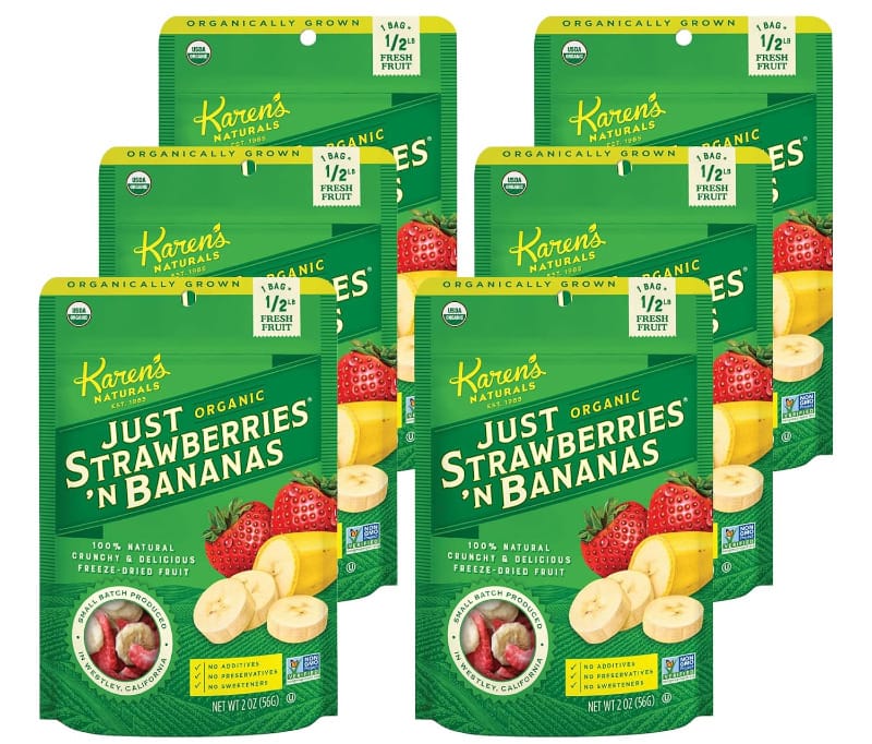 Packages of Karen’s Naturals Organic Just Strawberries 'n Bananas freeze-dried fruit snack for hiking.