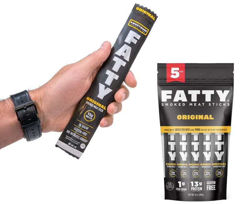 Fatty Original Smoked Meat Sticks with packaging showing protein content and ingredients.
