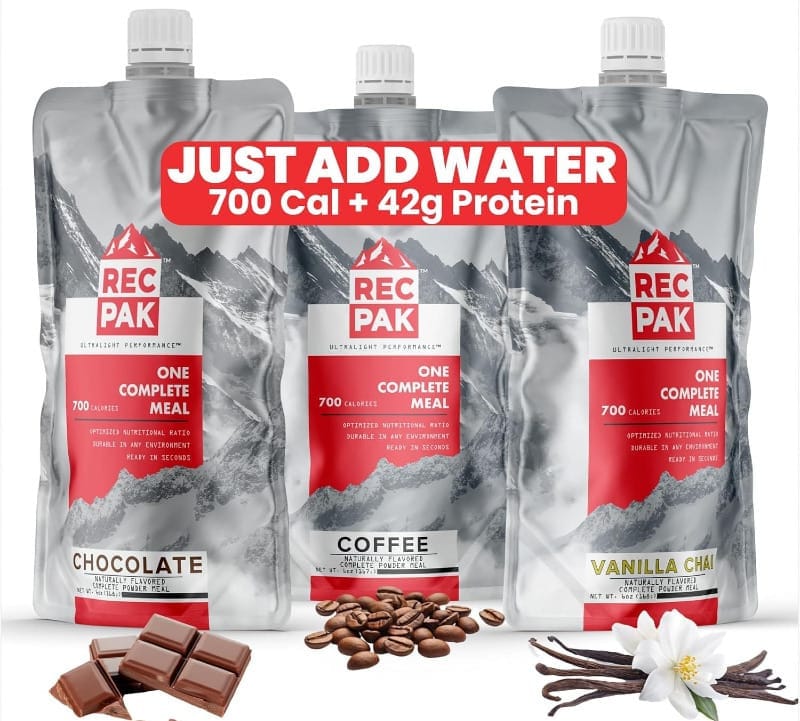 RecPak complete meal pouches in chocolate, coffee, and vanilla chai flavors for backpacking nutrition.