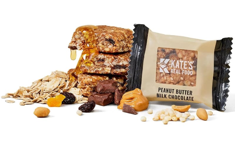 Kate’s Real Food Peanut Butter Milk Chocolate Bars with oats, honey, and real ingredients.