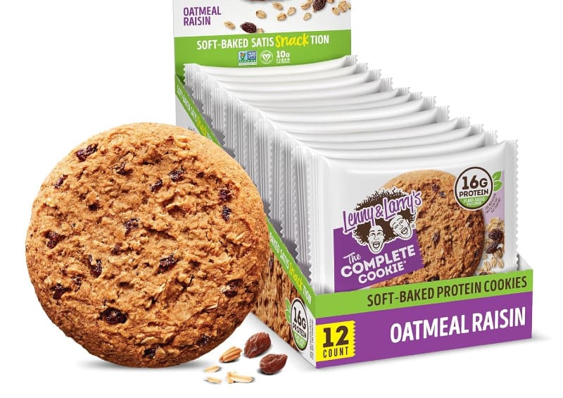 Lenny & Larry’s The Complete Cookie in Oatmeal Raisin flavor with 16g protein per cookie.