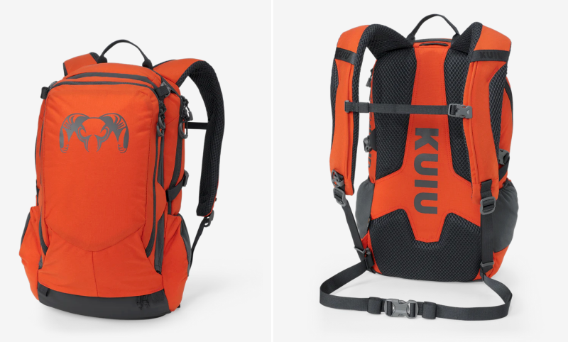 Blaze orange KUIU hiking backpack shown from front and back, designed for visibility and safety during hunting season.