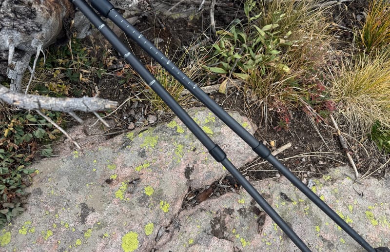 Gossamer Gear trekking poles resting on lichen-covered rock in the high country.