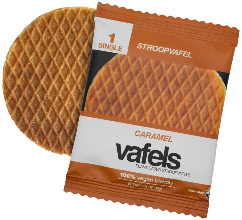Vafels caramel vegan stroopwafel in orange packaging with waffle texture visible.
