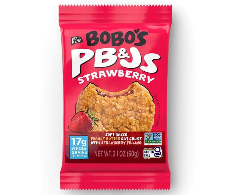 Bobo’s PB&J Strawberry soft-baked oat bar with peanut butter crust and strawberry filling.