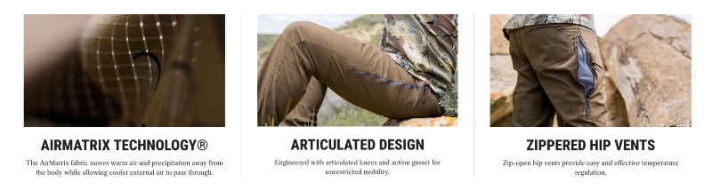 Product details of KUIU Tiburon Pants showing AirMatrix fabric, articulated knee design, and zippered hip vents for performance hiking.