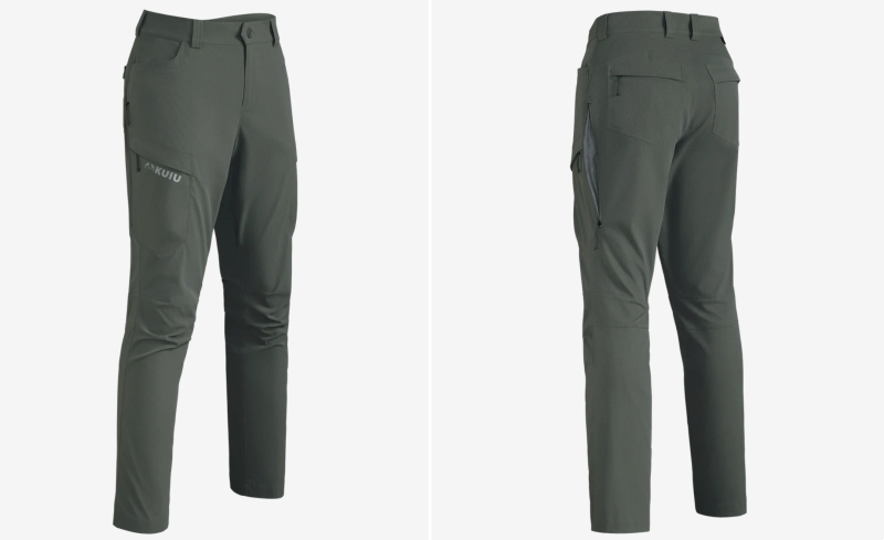 Studio images of KUIU Tiburon Pants in dark green, showing front and back views with streamlined technical design.