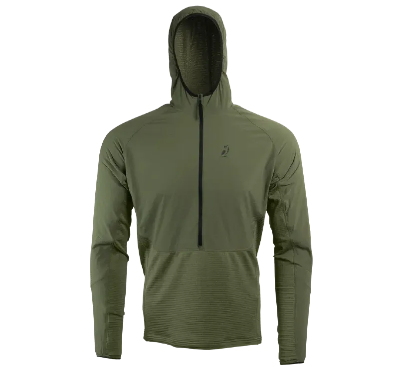 Olive green Outdoor Vitals Pursuit Hybrid Fleece hoodie with half-zip and grid fleece panels for warmth and ventilation.