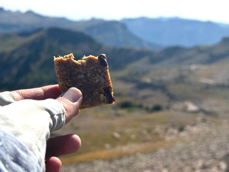 Close-up of a hand holding a half-eaten Skratch Labs Energy Bar with mountain peaks in the distance.