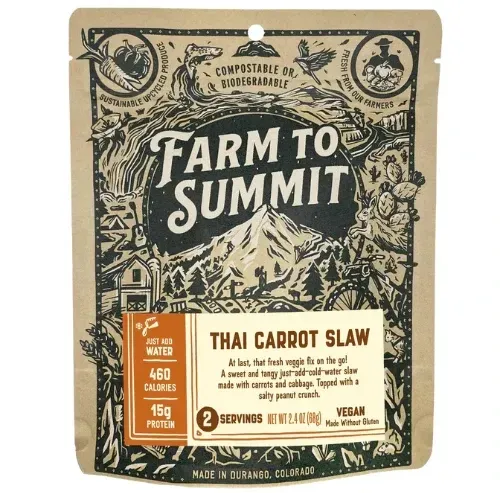 Farm to Summit Thai Carrot Slaw dehydrated backpacking meal in compostable packaging.
