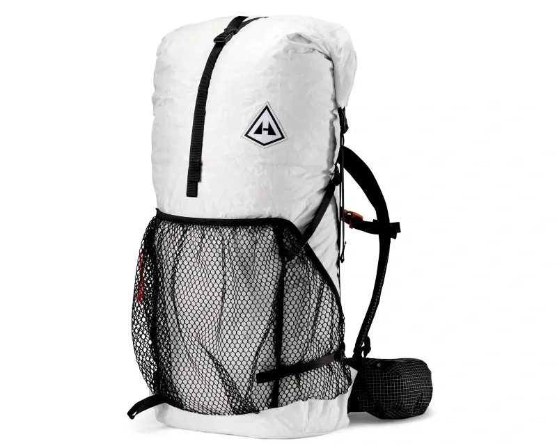 Close-up of the back of the Hyperlite Windrider 70 Backpack with mesh pockets standing out.