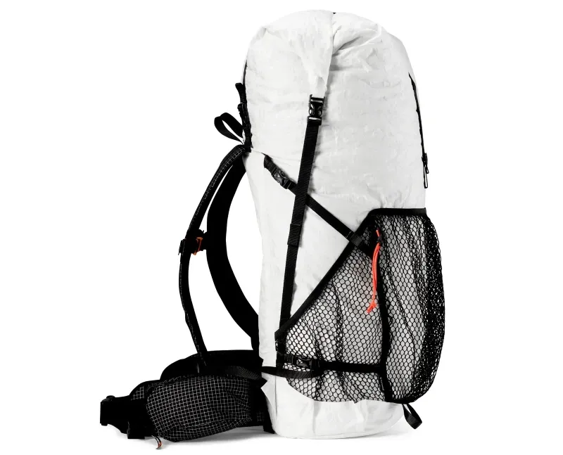 Studio product photo of the Hyperlite Windrider 70 Backpack in white Dyneema with black mesh pockets and hip belt.