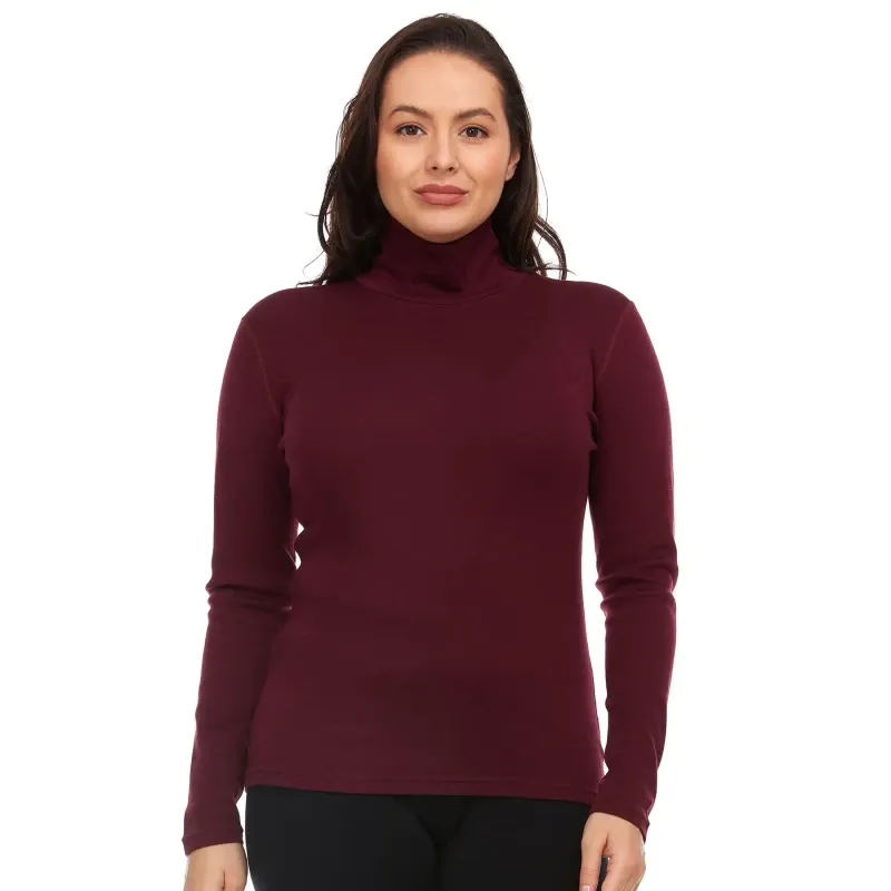 Burgundy long-sleeve women’s merino wool turtleneck top for cold-weather hiking, camping, and outdoor layering.