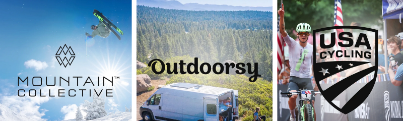 Logos of Mountain Collective, Outdoorsy, and USA Cycling highlighting Backcountry Summit Club partner perks.