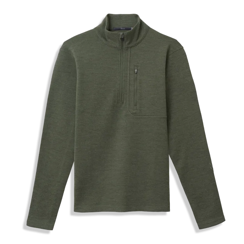 Olive green Ibex quarter-zip merino wool midlayer with chest pocket, built for autumn hiking and cold-weather adventures.