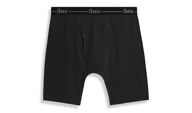 Black Ibex men’s merino wool boxer briefs with logo waistband, built for hiking and cold-weather outdoor adventures.