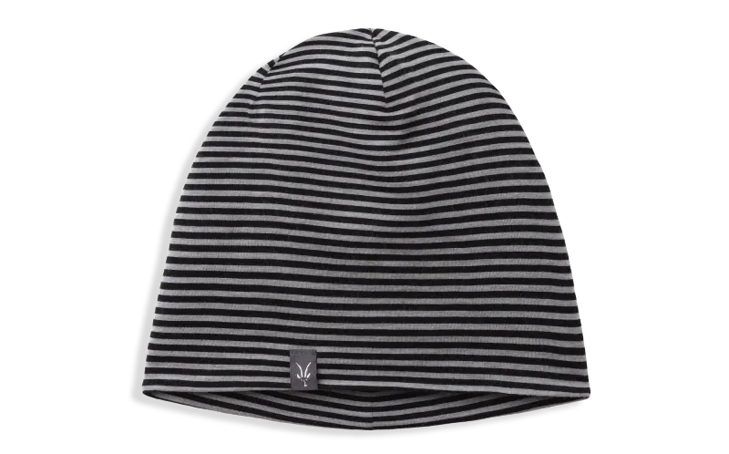 Black and gray striped merino wool beanie for cold-weather hiking, camping, and outdoor layering in fall and winter.