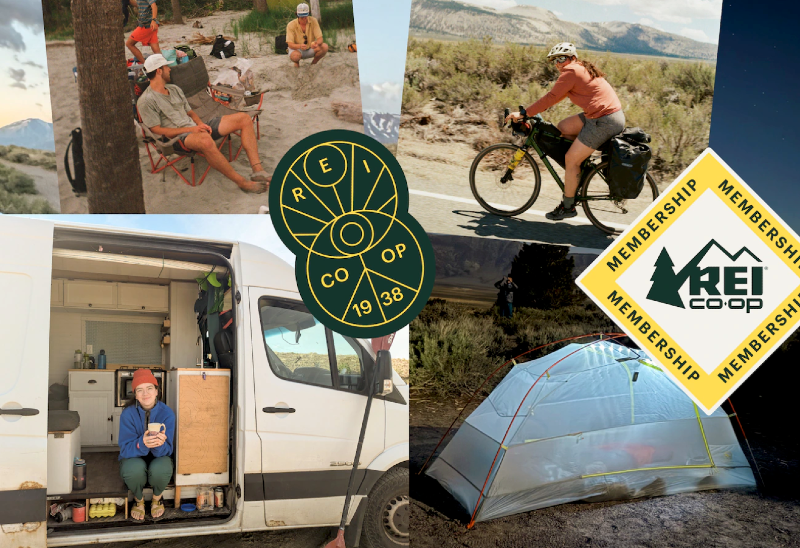 Collage of outdoor activities with REI Co-op membership logos, showcasing biking, camping, and van life.