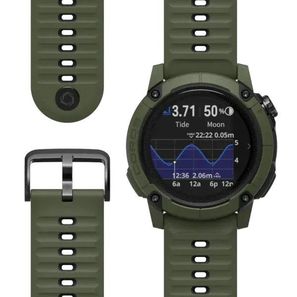 COROS Nomad Watch product image in green, showing strap, buckle, and full display with GPS navigation and tide chart.