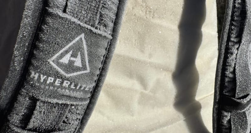 Frost-covered Hyperlite backpack strap on a cold morning hike.