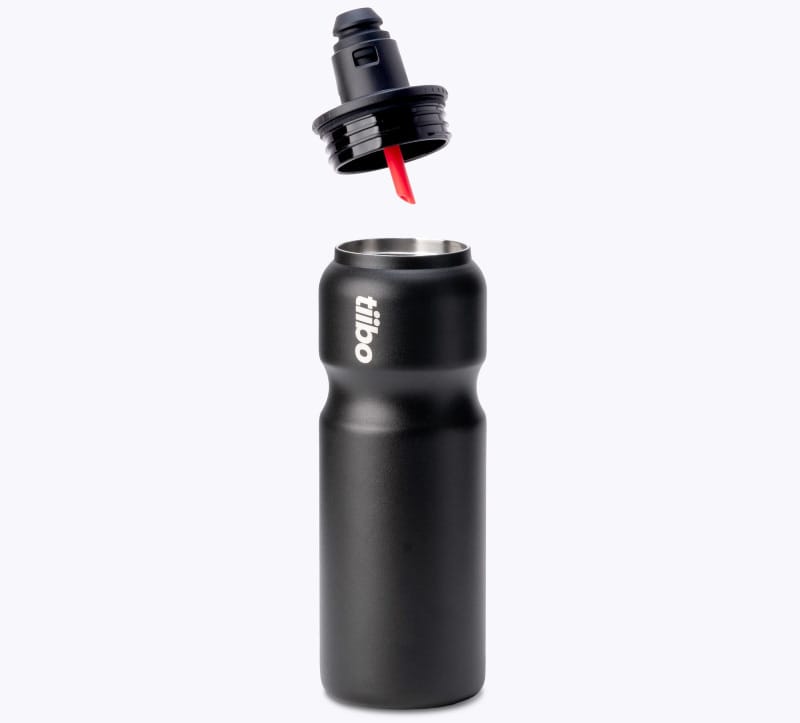 Black Tiibo Vacuum Insulated Bottle with lid removed, showing stainless steel interior and leak-proof cap design.