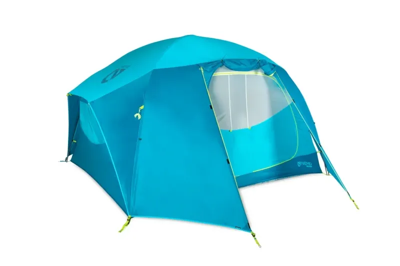 Close-up of NEMO Aurora Highrise Tent vestibule and door open, showing weather-resistant design and roomy gear storage area.