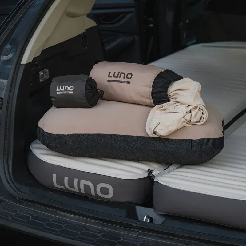 Luno car-camping mattress and bedding inside SUV — cozy high-end gift idea for car campers 2025.