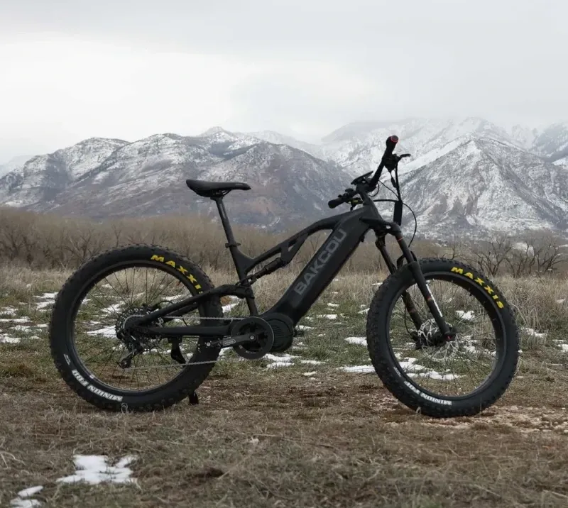 Bakcou electric mountain bike parked on snowy terrain with rugged mountains in the background — high-end outdoor gift idea for 2025.