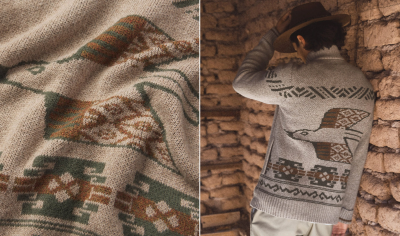 Close-up of Peruvian artisan hand-stitching a PAKA Heritage Collection alpaca sweater with the signature Inca ID tag, representing sustainable Andean craftsmanship.