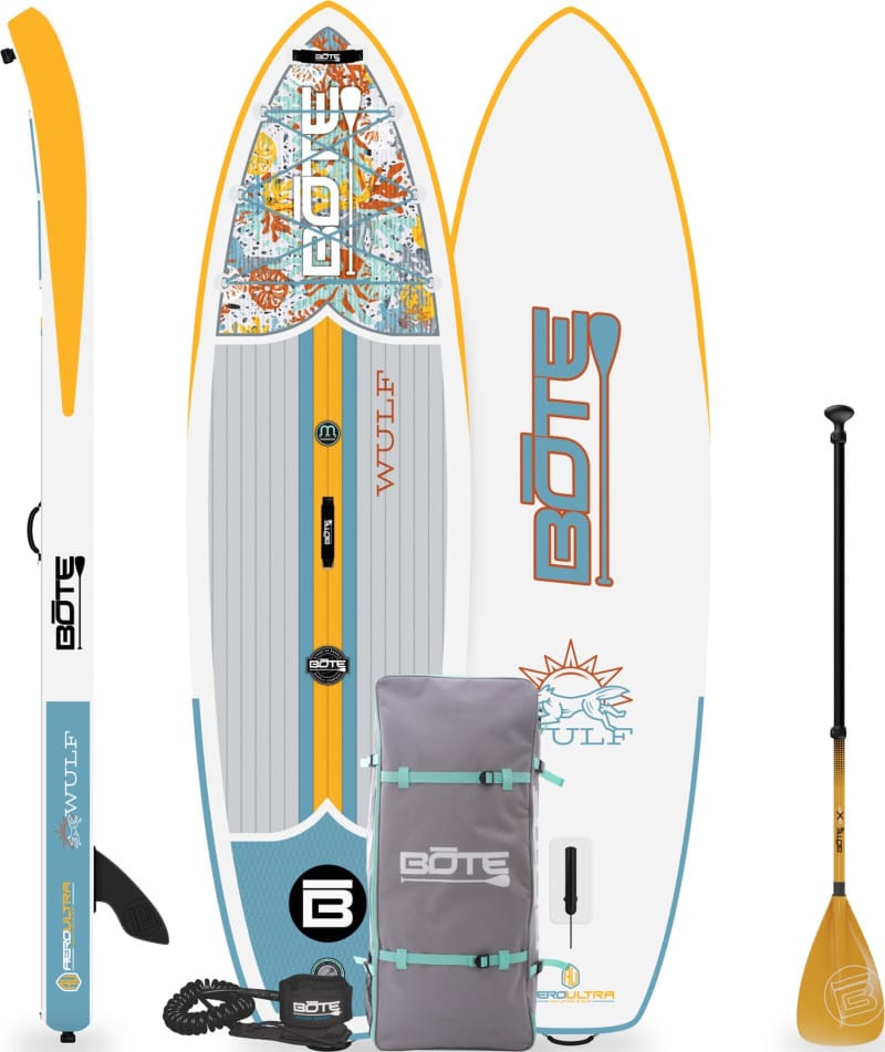 the wulf aero paddle board by bote in a simple white background showing the accessories it comes with from rei