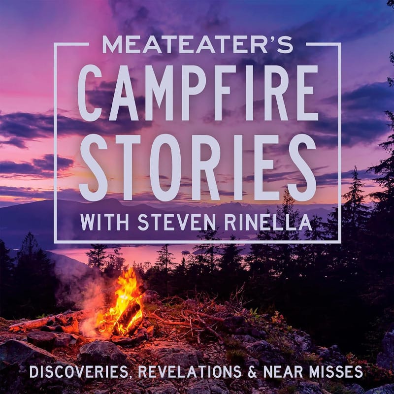 Cover of Meateater’s Campfire Stories by Steven Rinella, featuring a glowing campfire overlooking a mountain sunset.